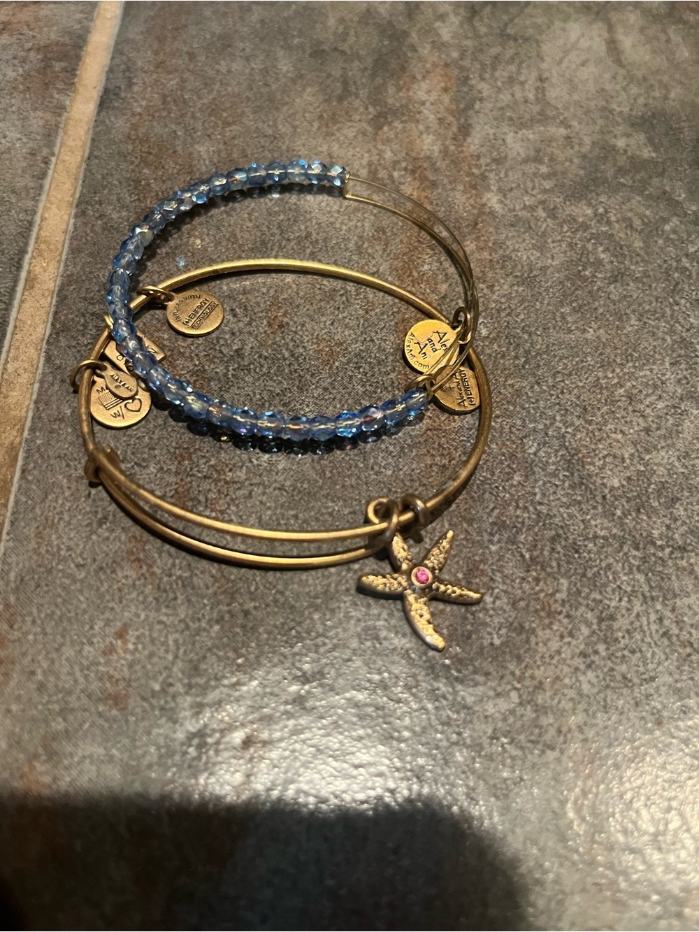 Alex and Ani Blue Beaded and Gold Starfish Charm Bangle Set